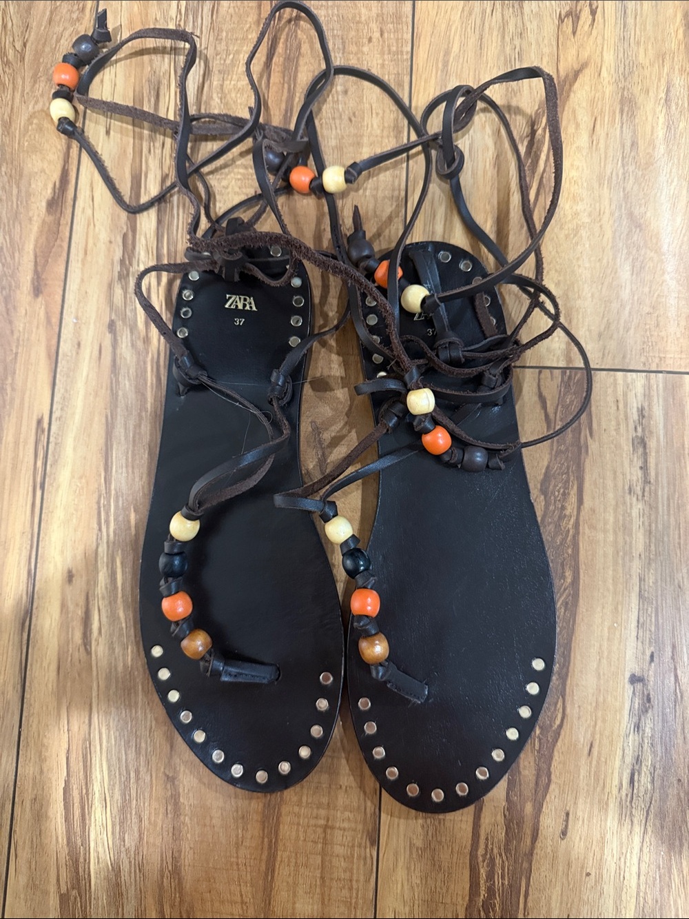 Zara Black Beaded Lace-Up Gladiator Sandals